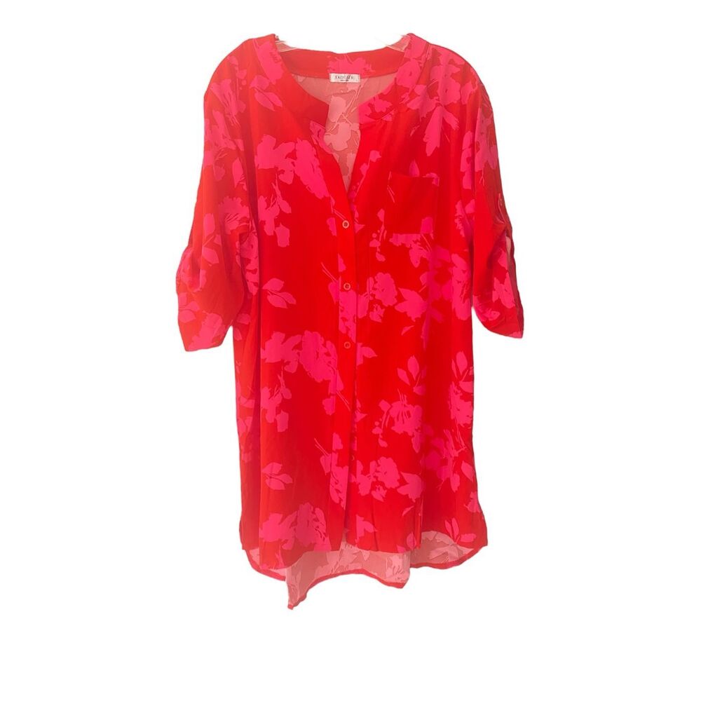 Ekouaer Floral Red and Pink Quarter Sleeve Shirt Dress Sz L/XL